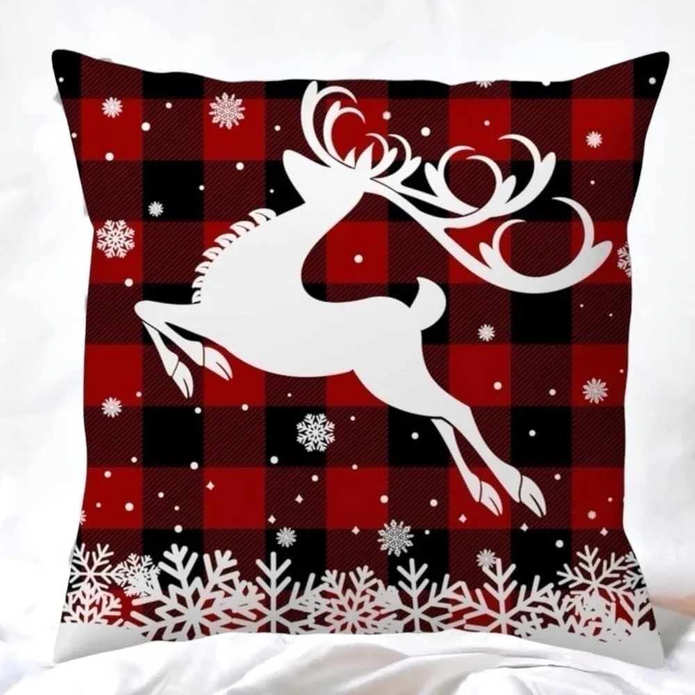 Pillow Cover Snowflake Deer Farmhouse Plaid Zippered Red Black Large 17.7 in